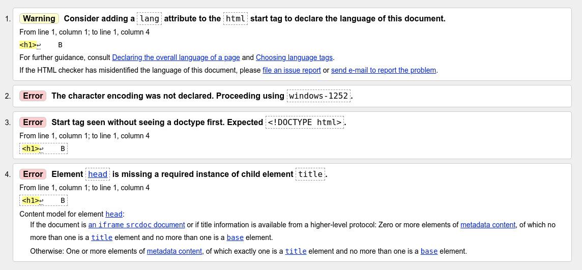 Aviso e erros do HTML