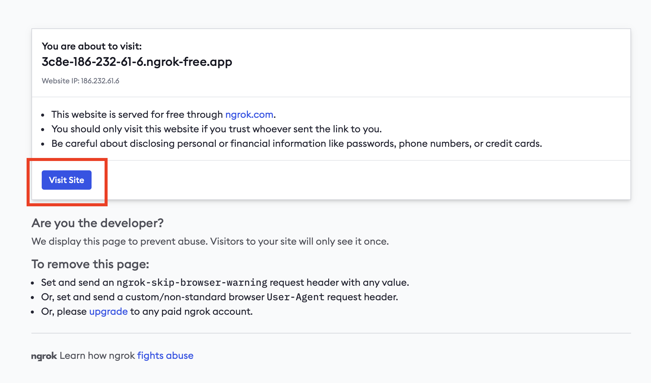 Ngrok tela de permissão