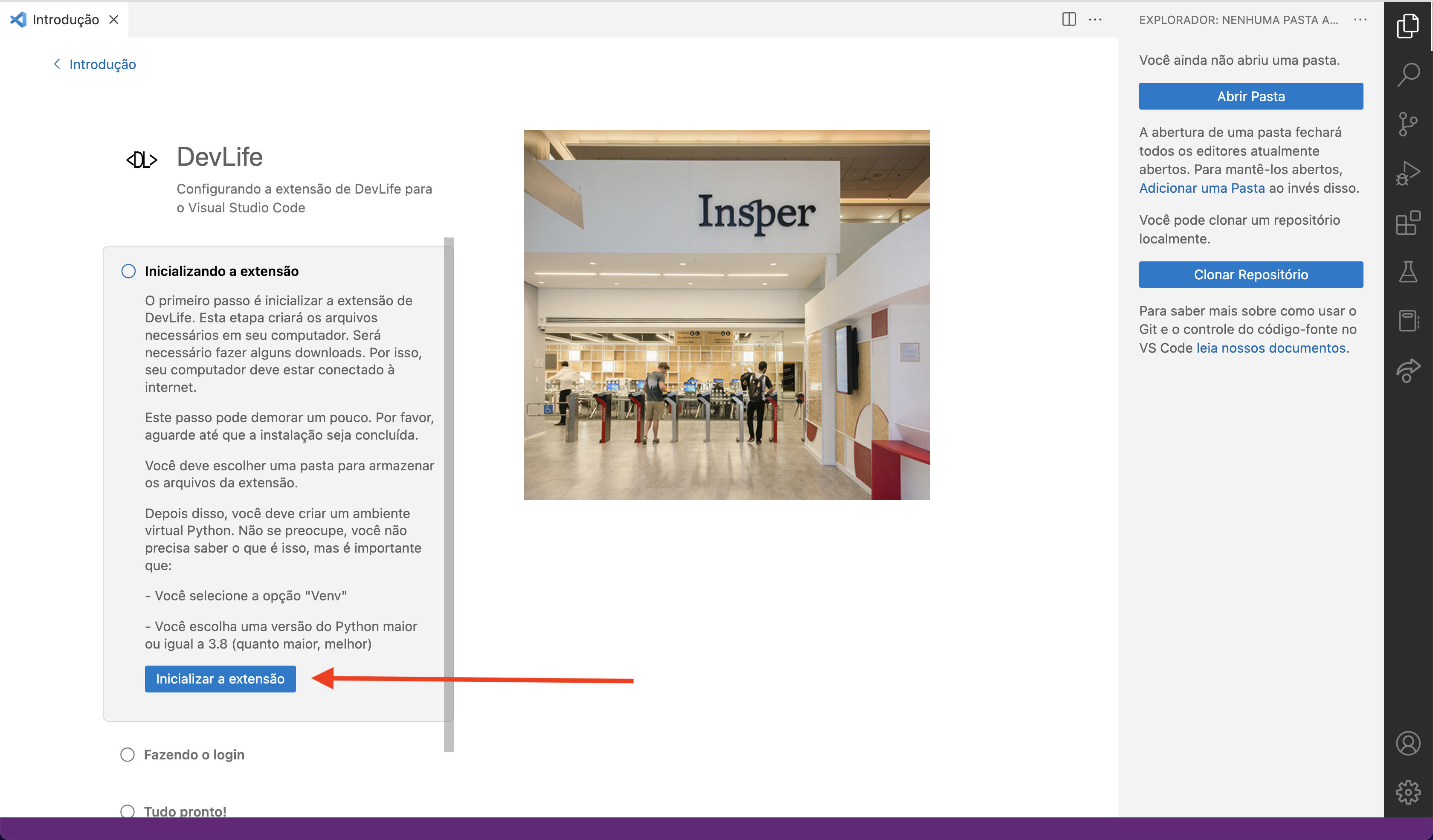 Inicializando a extensão